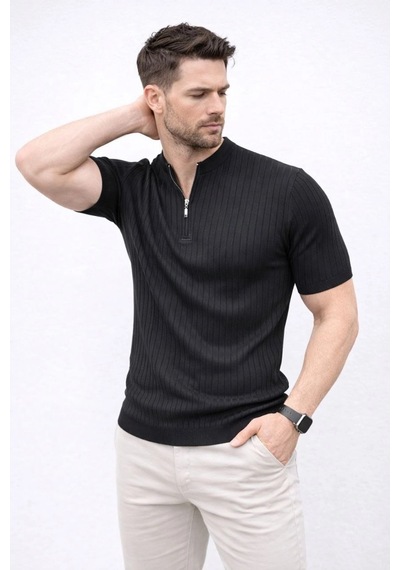 Erkek Kısa Kol Fitilli Triko T-shirt Yazlık Hakim Yaka Tişört - Siyah Çok Renkli