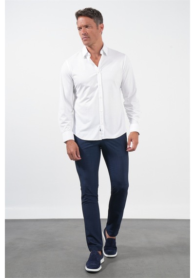 İmza Beyaz Tulum Yaka Uzun Kol Cepsiz Örme Slim Fit Pamuklu Gömlek 1004260208