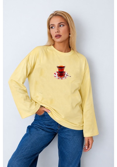 Herkesemoda Çay Bardağı Baskılı Uzun Kollu Tesettüre Uygun Body Sarı