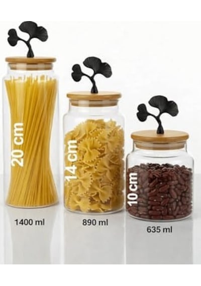 3&apos Lü Bambu Kapaklı Mat Siyah Ginkgo Figürlü Şeffaf Cam Kavanoz Cam Saklama Kabı 635/890/1400ml 12 Izgara