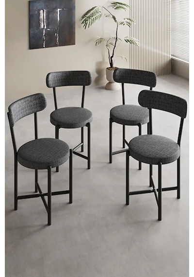 Sandalye 4 Adet Keten Kumaş Metal Ayak Modern Mutfak Sandalyesi Cafe Balkon Ofis Teddy Antrasit