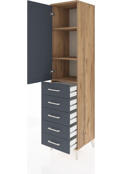Hyperion Dolap 3 Raflı 5 Çekmeceli Tek Kapaklı 44x44x195 Çam-... Çam
