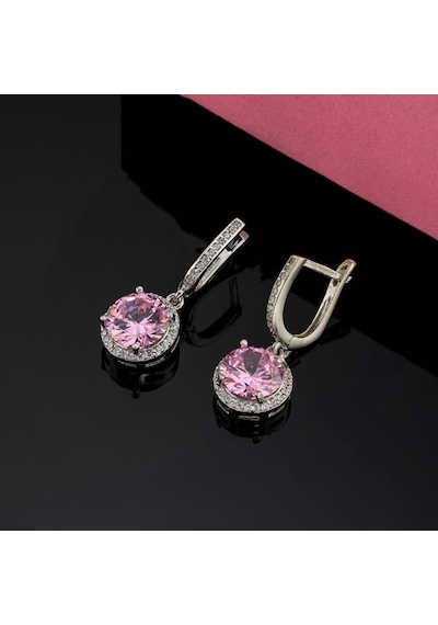 Gümüş Pazarım Pembe Zirkon Yuvarlak Kesim Gümüş Küpe