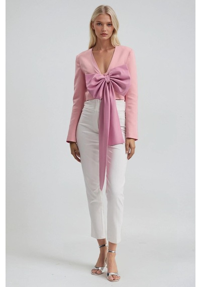 Büyük Fiyonk Detaylı Derin V Yaka Crop Blazer Ceket 6188 Pembe