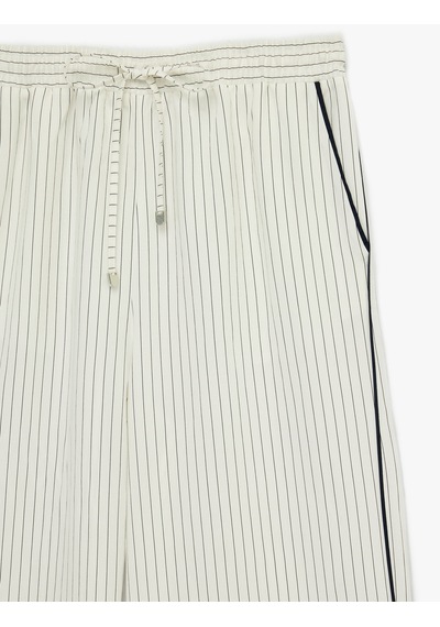 Koton Beli Bağlamalı Cepli Geniş Paça Çizgili Pantolon Beyaz Çizgili 6sak40251pw