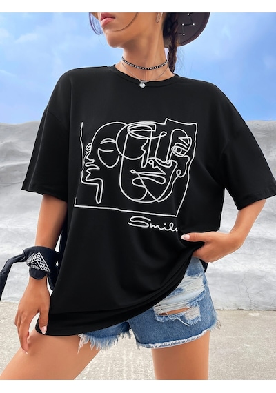 Smile Çizgi Yüz T-shirt - Siyah Baskılı Oversize Bisiklet Yaka Kısa Kol Tişört Siyah