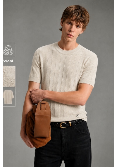 Cool Tarz Erkek Çizgili Triko Tişört Bisiklet Yaka Slim Fit Kısa Kollu Bej Bej