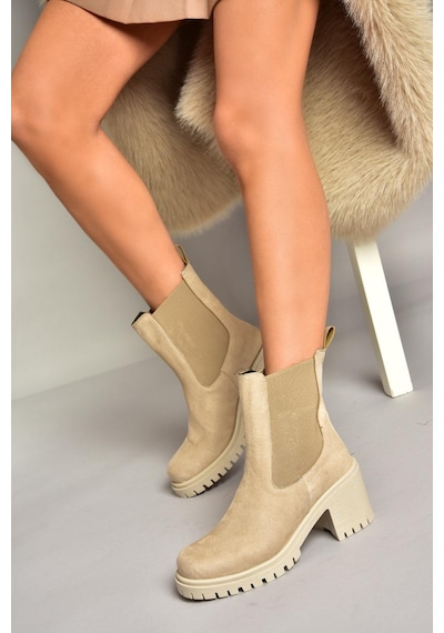 Fox Shoes T726981602 Bej Süet Lastikli Kalın Topuklu Kadın Bot Bej