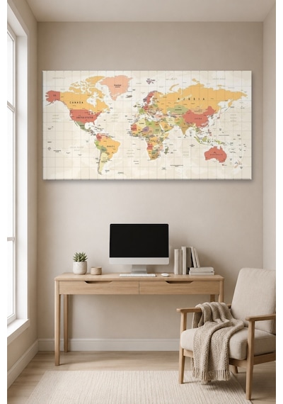 Tam Renk Dünya Haritası World Map Dekoratif Kanvas Duvar Tablosu Çok Renkli