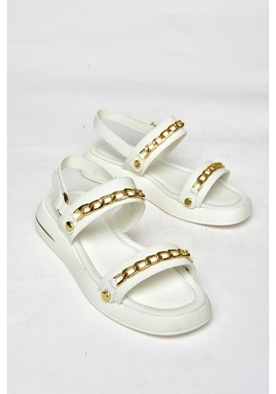 Fox Shoes S518105609 Beyaz Gold Zincir Detaylı Kadın Sandalet Beyaz