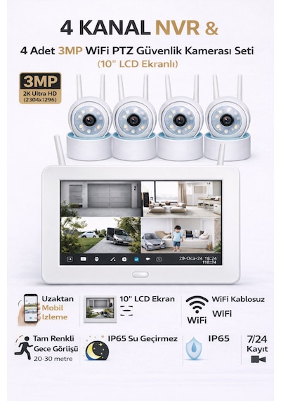 Onmi Dsm600 4 Kanal Nvr + 3mp 4 Kamera Full Color Mik. + 10" Lcd Wifi Set 11-03-01