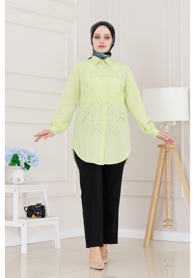 Sevitli Önü Fiyonk Detaylı Keten Tunik-sarı-5112 Sarı