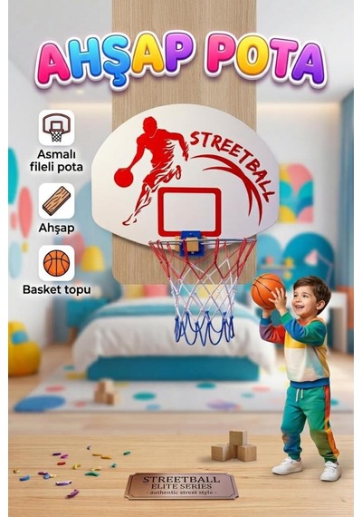Ahşap Asılabilir Fileli Gerçekci Detaylı Streetball Basketbol Potası Eğitici Spor Oyuncak