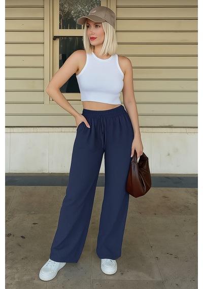 Trendy Mall Sofya Keten Bol Kesim Pantolon Mavi Mavi