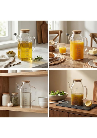 Deconox 1000ml Bambu Kapaklı Cam Yağlık Ve Sirkelik Dayanıklı Ve Şeffaf Sıvı & Mutfak İçin Hassas Sıvı Ölçüm Ve Saklama Çözümü 1000ml - Cam Sürahi Sıvı Ölçü Kabı