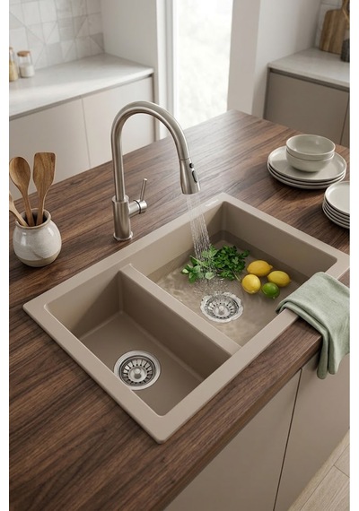 P018 Bergama 1.5 Göz Granit Evye 700 460 Mm Cappuccino İsimdebelirtilmiş
