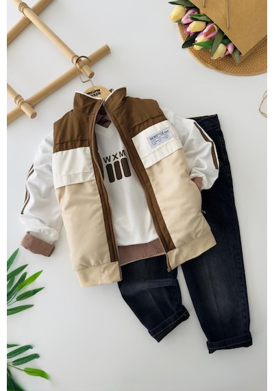 Miniğimin Cicileri Newstyle Kapitone Şişme Yelekli Sweatshirtlü Erkek Çocuk 4 Lü Kombin Takım - Bej Miniğimin Cicileri Newstyle Kapitone Şişme Yelekli Sweatshirtlü Erkek Çocuk 4 Lü Kombin Takım - Bej