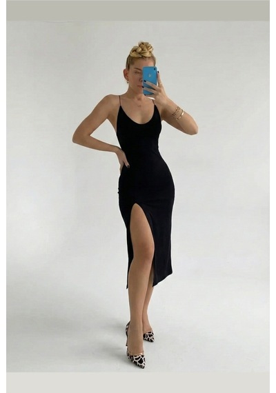 Unika Boutique Kadın Siyah Sırt Dekolte Yırtmaçlı Elbise