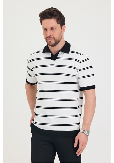 Cool Tarz Erkek Polo Yaka Beyaz Çift Çizgi Detaylı Siyah Triko T-shirt Beyaz Beyaz