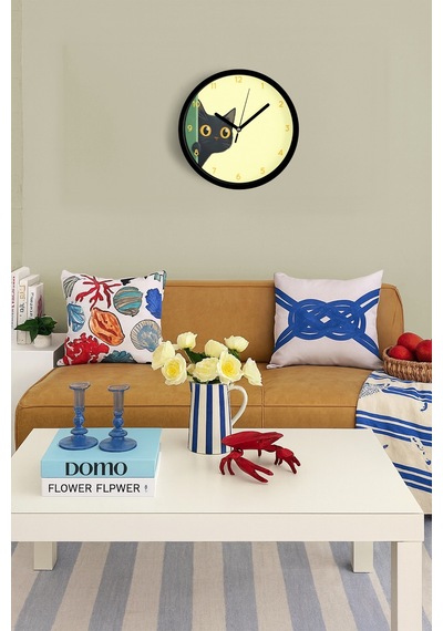 Sevimli Siyah Kedi Modern Duvar Saati - 30cm - Önü Camlı Siyah Kasa - Sessiz Mekanizma-jh1185 Siyah