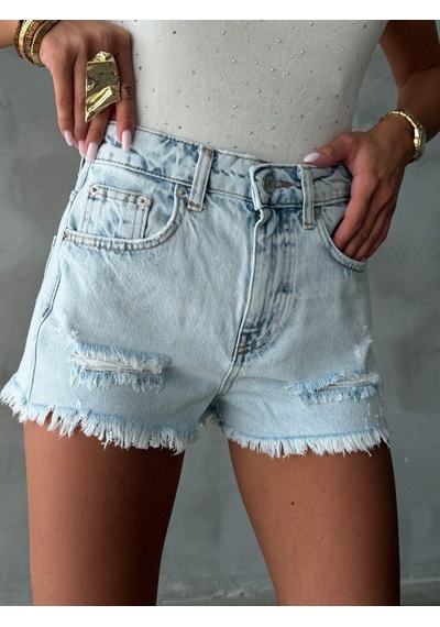 HerTon Kadın Mini Denim Şort Yüksek Bel Yıkamalı Yırtık Detaylı Pamuklu Kot Şort