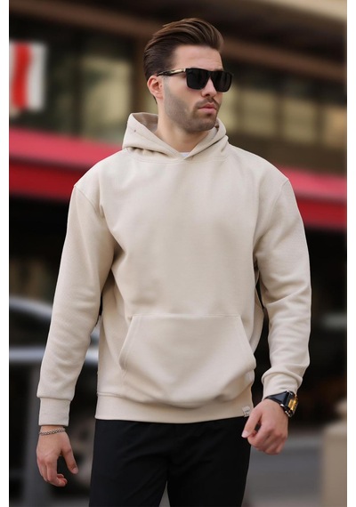 Madmext Bej Kapüşonlu Cep Detaylı Sweatshirt 7095 Bej