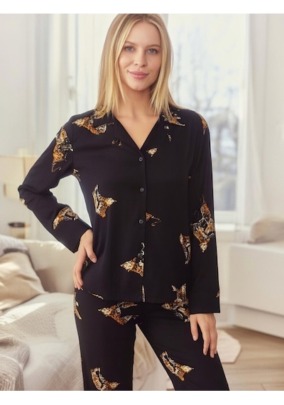 Rukod Kadın Kaplan Desenli Süet Gömlek Yaka Düğmeli Uzun Altlı Pijama Takımı Siyah