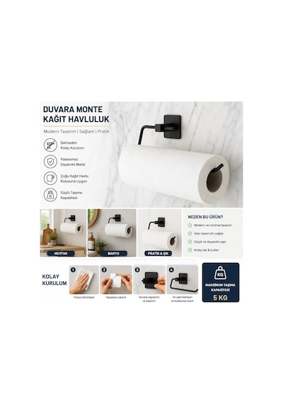 Suwors Kendinden Yapışkanlı Kağıt Havluluk Ve Rulo Havlu Askısı - Deliksiz Montaj, Paslanmaz Metal, Mat Siyah - M Diğer