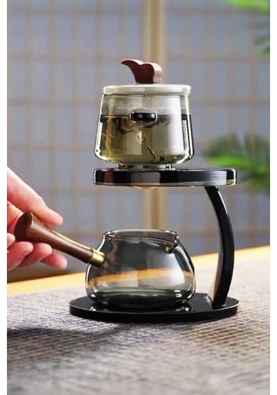Borosilikat Cam Demlik Seti Zen Çaydanlık Döndür Akıt Sistemi Sihirli Bitki Çayı Demliği Antrasit