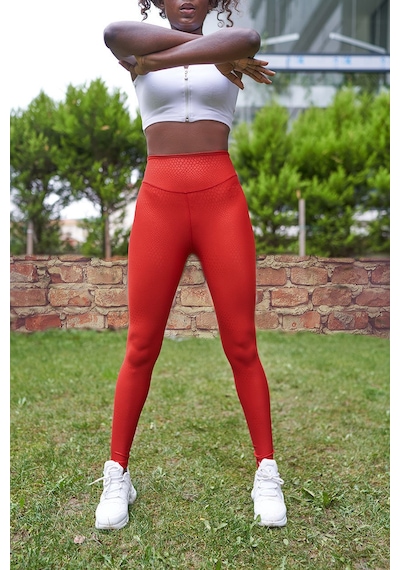Lismina Kendinden Yılan Derisi Desenli Deri Görünümlü Kumaş Spor Tayt Kırmızı