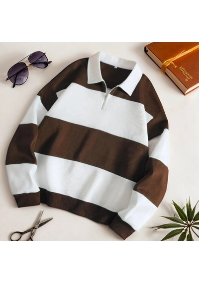 Fifty Color Unisex Kahve Rengi Polo Yaka Kışlık Sweatshirt İçi Polarlı Kahverengi - Beyaz