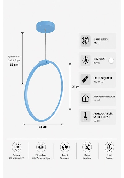 AvizeGO Raven Led Sarkıt Avize Çocuk Odası Beyaz Işık Açık Mavi