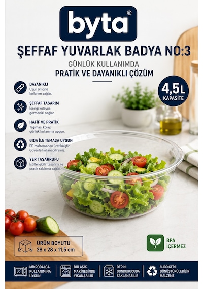 4,5 L Şeffaf Yuvarlak Plastik Badya No:3 Bpa İçermez Çok Amaçlı Gıda Hazırlama, Salata Servis Ve Saklama Kabı Şeffaf