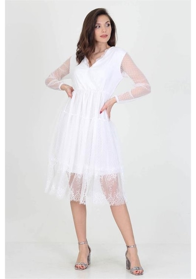 Neşeli Butik Neseli Butik Kruvaze Yaka Eteği Güpür Detaylı Yeni Sezon Elbise Nb0010 Beyaz