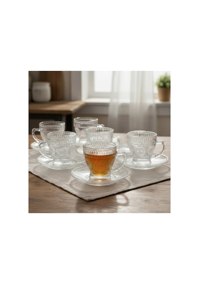 Güneş Desen Cam 6 Kişilik Tabaklı Büyük Çay Fincan Seti 6 X 210 Ml Şeffaf