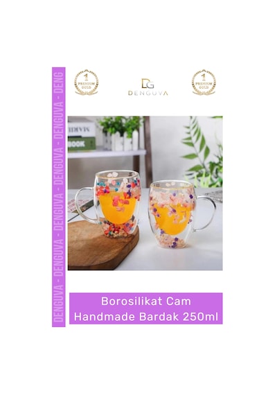 Borosilikatbardak Çift Camlı Kurutulmuş Çiçekli Borosilikat Isıya Dayanıklı Cam Handmade Kulplu Bar Çok Renkli