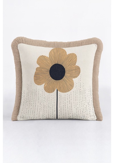 Çiçek Botanik Saçaklı Yastık Kılıfı - Minimal Floral Bohem Bej Siyah Vizon Püsküllü Kırlent Kılıfı Siyah
