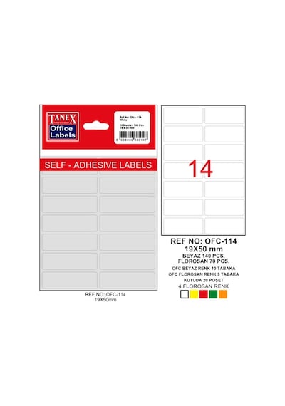 Tanex Ofis Etiketi Poşetli 19x50 MM Beyaz 10 yap. 140 etiket