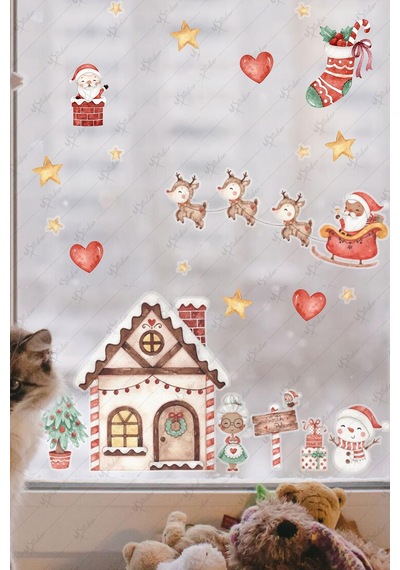 Yılbaşı Kış Evi Kardan Adam Ve Noel Baba Kış Figürleri Kalpler Ve Yıldızlar Yeni Yıl Sticker Seti Dijital Baskı