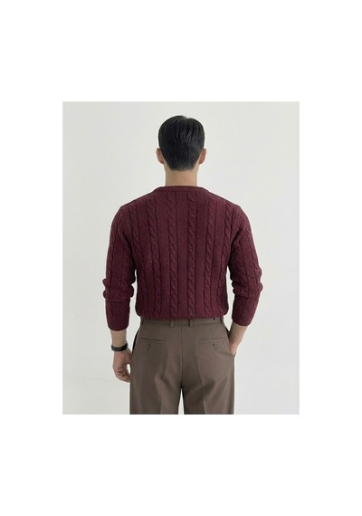 Cool Tarz Erkek Bisiklet Yaka Slim Fit Saç Örgülü Triko Kazak Bordo Bordo