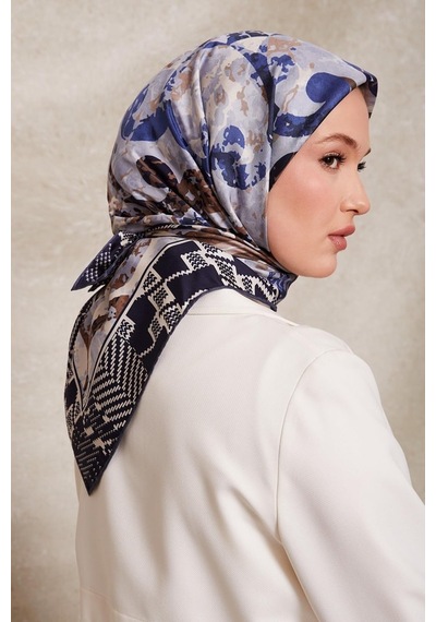 Levidor Desenli Twill İpek Eşarp-0918 Lacivert