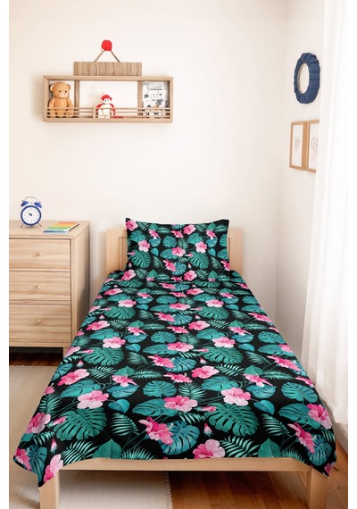 Tropikal Çiçekli Siyah Tek Kişilik Pike Takımı-botanik Yapraklı Pembe Turkuaz 160x220cm Yatak Örtüsü Bulanık Ot Nefesi
