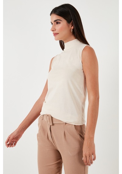 Lela Pamuklu Kolsuz Dik Yaka Bayan T Shirt 5865710 Taş