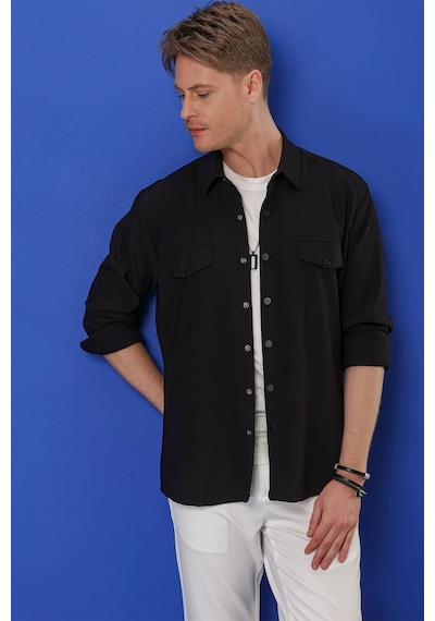 Efor G 1551 Slim Fit Siyah Klasik Gömlek Siyah