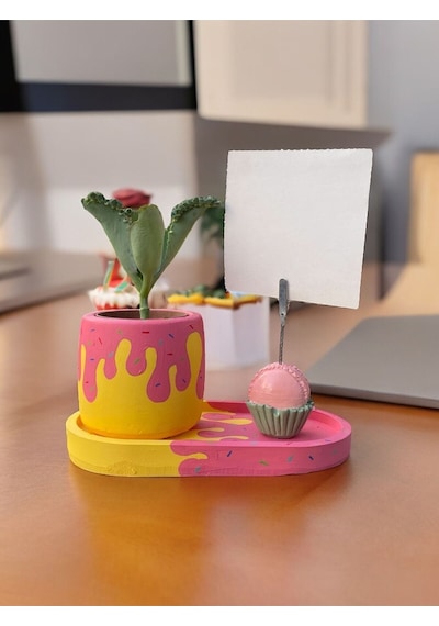 Donut Temalı Makaron Fotoğraf - Not Tutucu Hediyelik Set Pembe Sarı