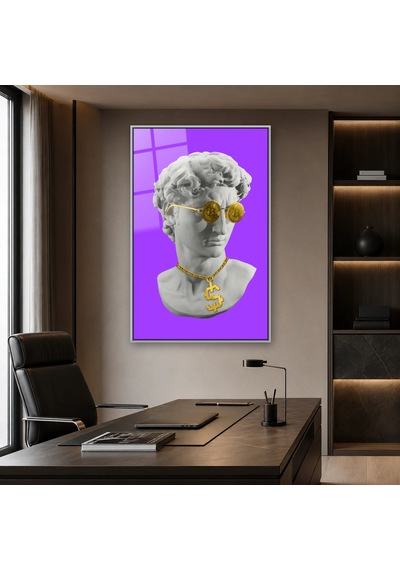 Altın Para Gözlüklü Pop Art Büst Gümüş Çerçeveli Cam Tablo