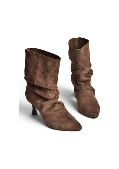 Fox Shoes Z404010402 Kahverengi Süet İnce Topuklu Büzgülü Kadın Bot