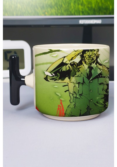 Metal Gear Solid Baskılı Seramik Lüks Kupa 1 Adet T Şeklinde Özel Siyah Kulp Dalga Kulp V5t Çok Renkli