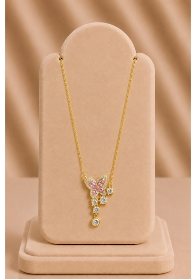 Pembe Taşlı Kelebek Figürlü Gold Kolye Gümüş