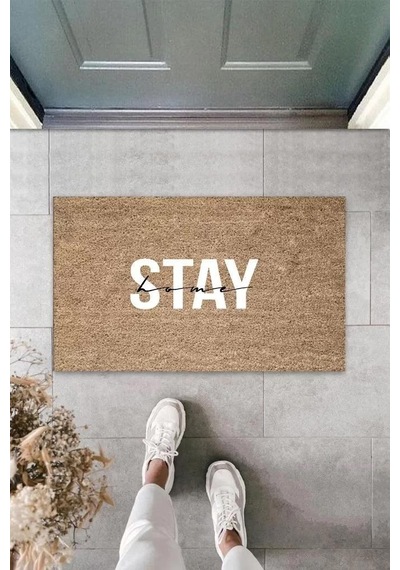 Bej Kapı Önü Paspası Stay Home Desen K-3311 Renkli